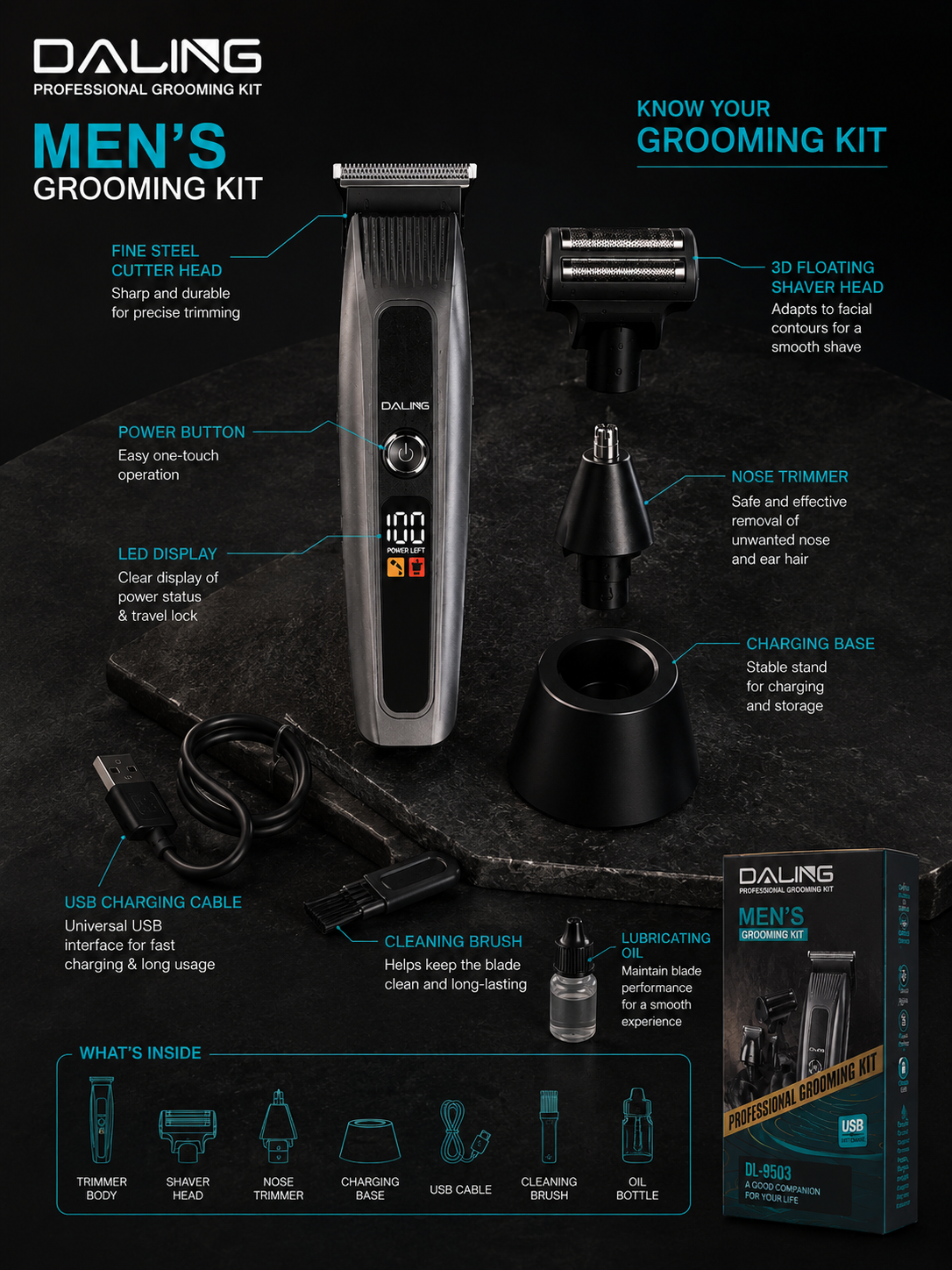 DALING DL-9503 3-in-1 Professional Grooming Kit – Shaver, Clipper & Trimmer