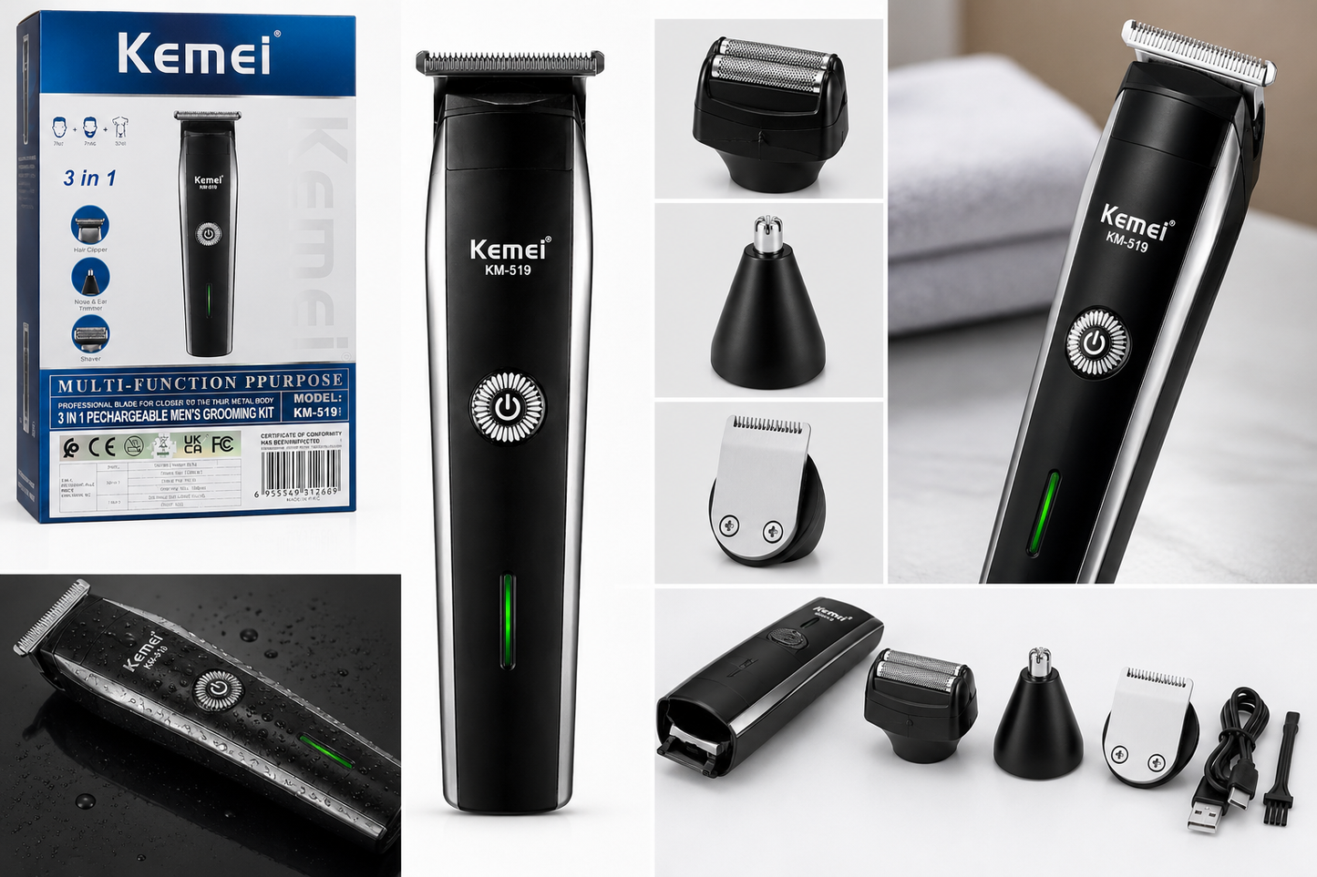 Kemei KM-519A 3-in-1 Electric Shaver & Trimmer for Men – Rechargeable Floating Razor