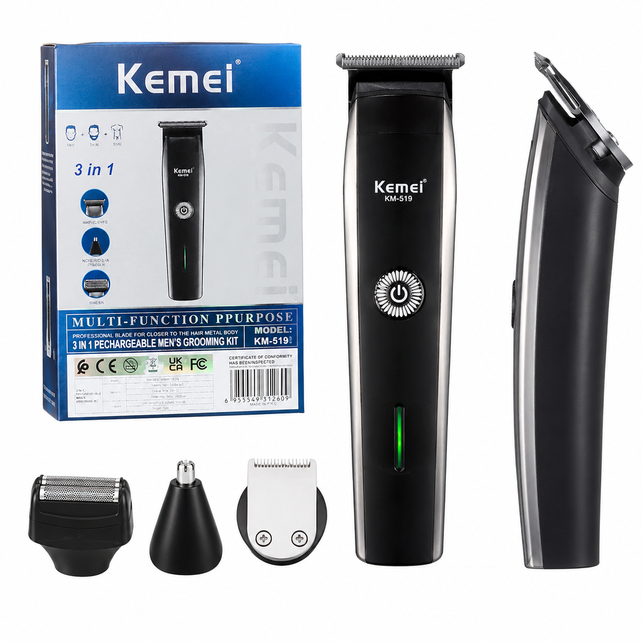 Kemei KM-519A 3-in-1 Electric Shaver & Trimmer for Men – Rechargeable Floating Razor