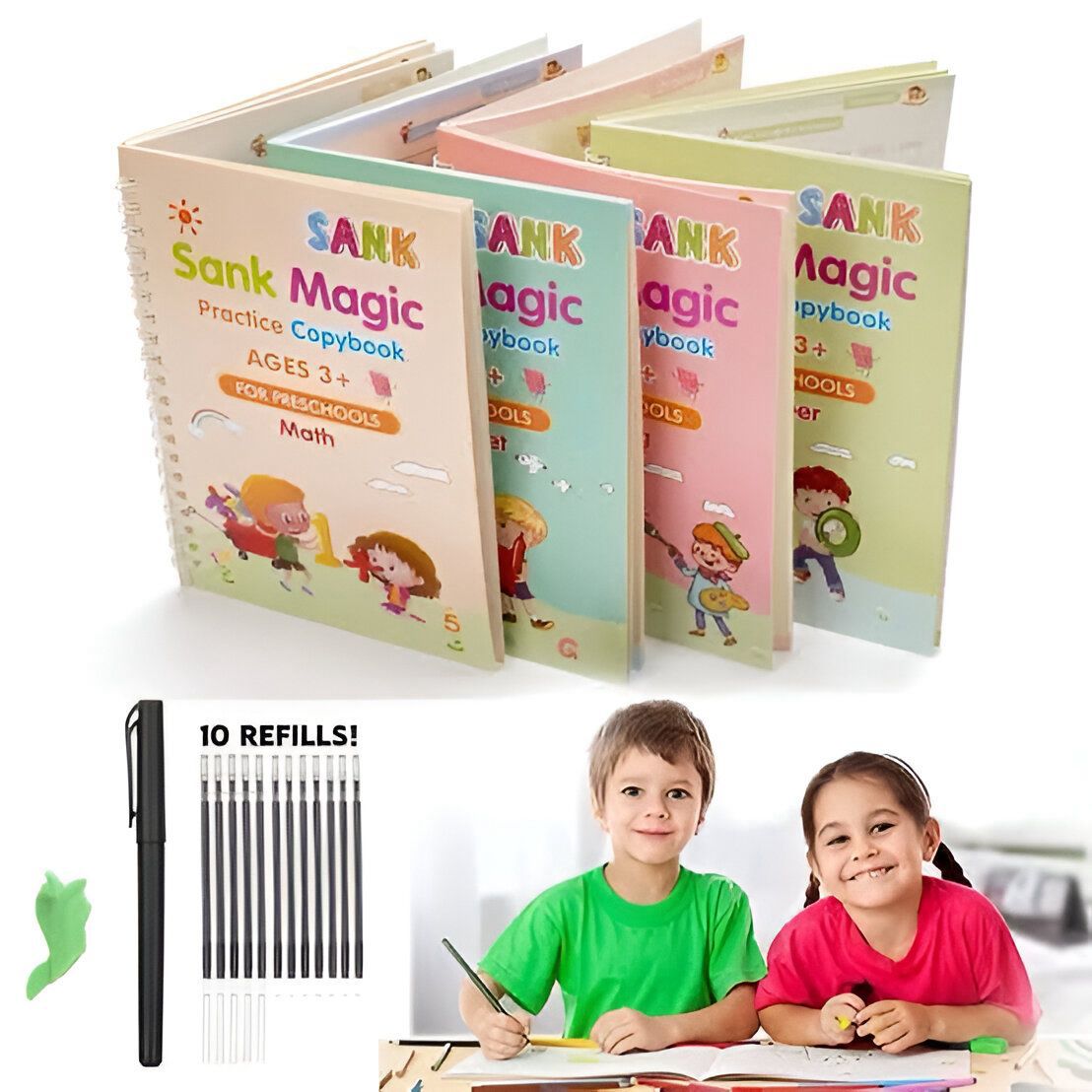 Sank Magic Book Set – Pack of 4 Books with Magic Pen & 10 Refills for Kids Age 3+