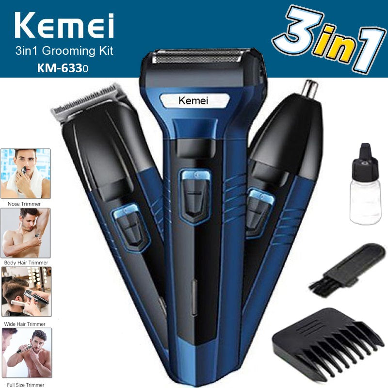 Kemei 3-in-1 Rechargeable Grooming Kit – Shaver, Trimmer & Nose Trimmer
